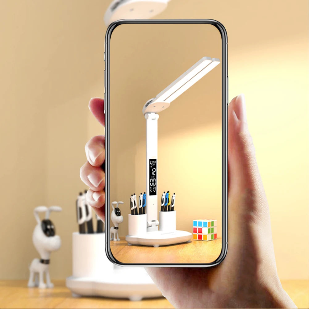 LED Clock Table Lamp USB Rechargeable Desk Lamp Foldable Eye Protection