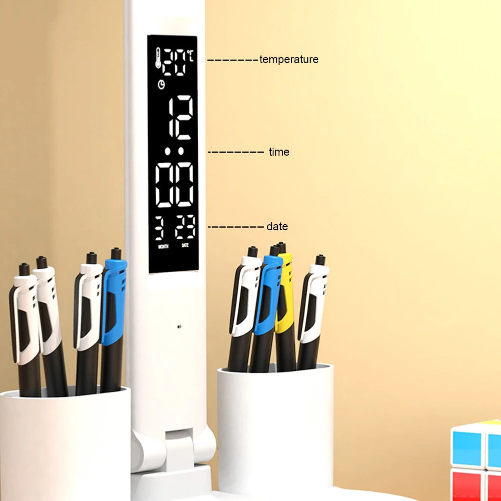 LED Clock Table Lamp USB Rechargeable Desk Lamp Foldable Eye Protection